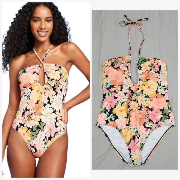 SHADE & SHORE Women's Halter Keyhole Bandeau One Piece Swimsuit Colorful Floral - Picture 1 of 13